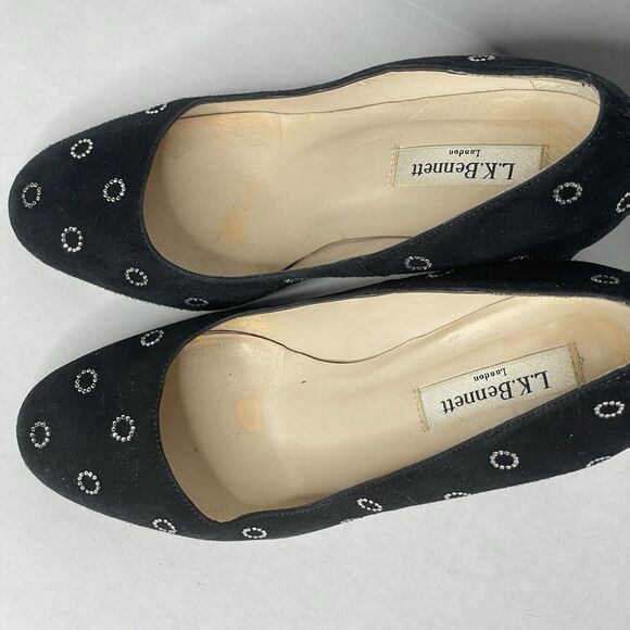 Black Suede Block Heel Pumps Size 6.5 | Retro Mod Polka Dot Party Shoes Sparkly - Picture 6 of 11